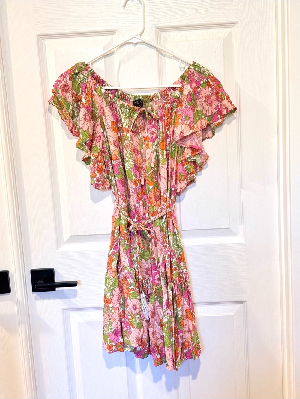 Rachel Zoe Women's Green and Pink‎ Floral Print Ruffle Belted Mini Dress SIZE S